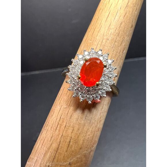 NEW Mexican Cherry fire opal moissanite halo ring in vermeil YG over 925 size 5 - Picture 9 of 16